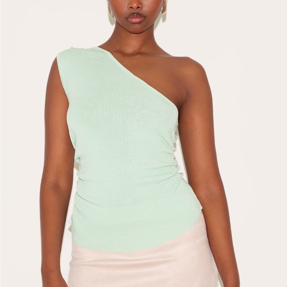 PrettyLittleThing Mint Green One-Shoulder Knit Tank Top